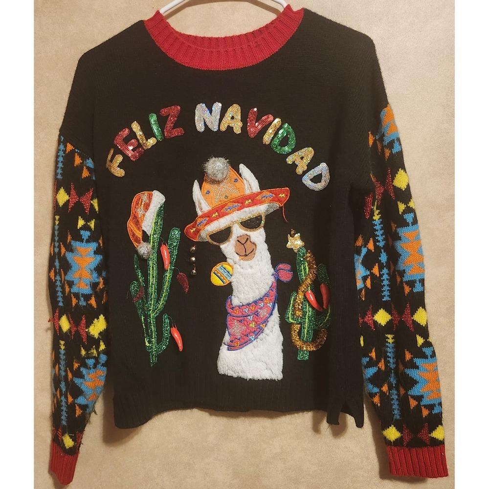 Holiday Time Feliz Navidad Llama Ugly Christmas Sweater Black Sequins Small 4-6